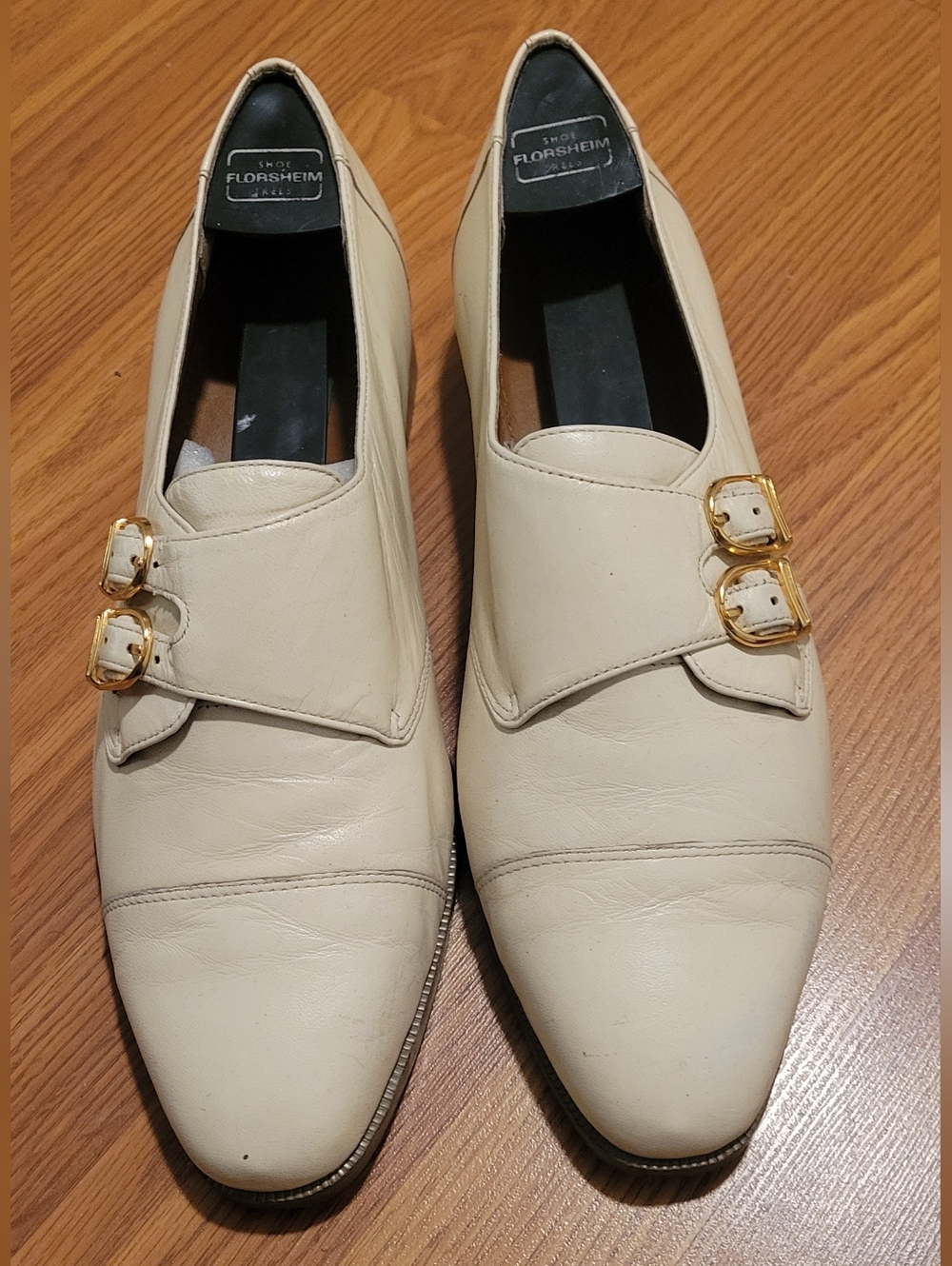 Vintage Giorgio Brutini Double Monk Strap Leather Shoes Ivory w/ Gold Buckles